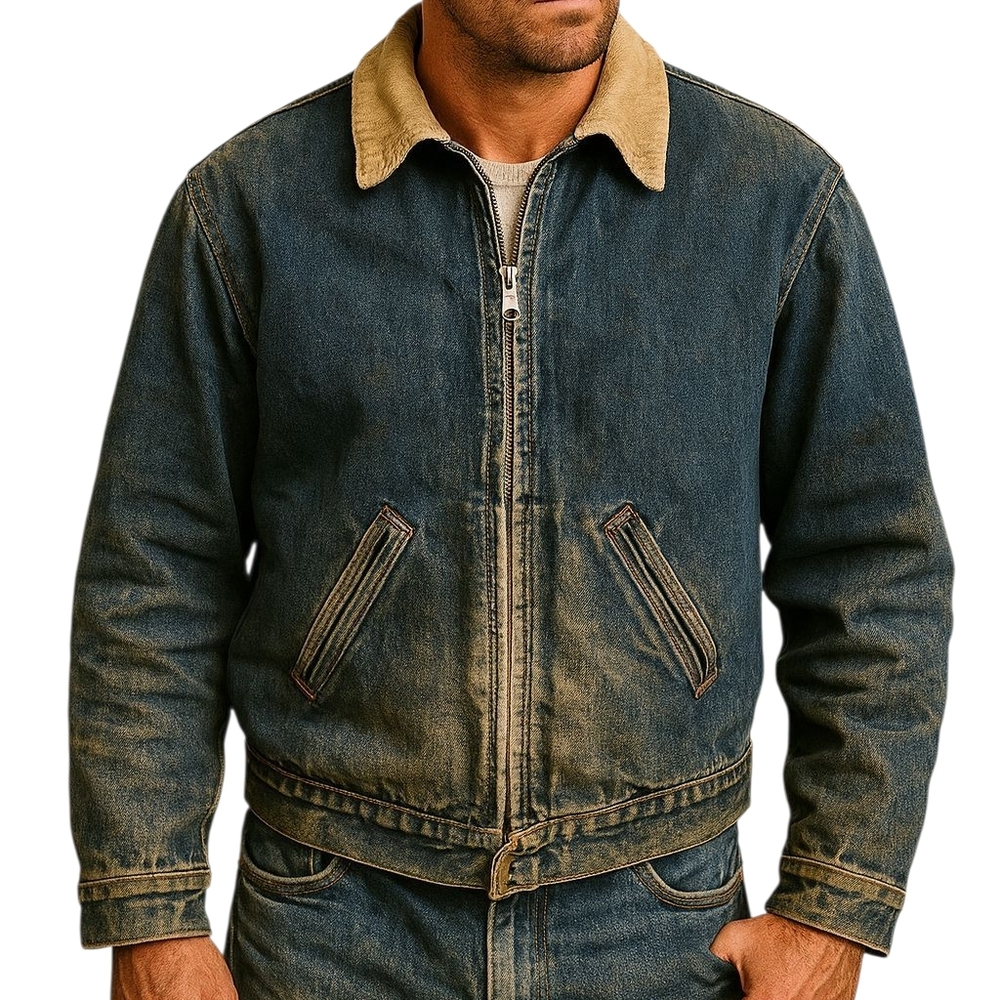Vintage Roebucks Denim Jean Jacket Gray Flannel Lined Size XL Sears Cord Neck
